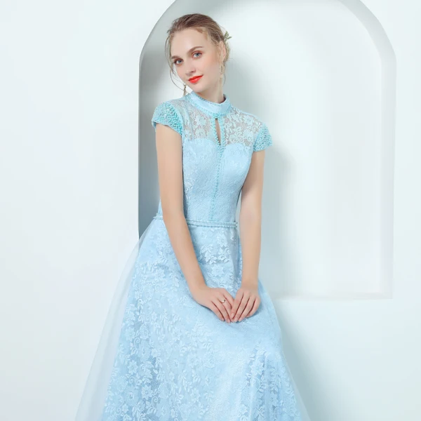 Vintage / Originale Bleu Ciel Robe De Soirée 2019 Princesse Col Haut Mancherons Perle Perlage Ceinture Longue Volants Dos Nu Robe De Ceremonie