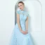 Vintage / Originale Bleu Ciel Robe De Soirée 2019 Princesse Col Haut Mancherons Perle Perlage Ceinture Longue Volants Dos Nu Robe De Ceremonie