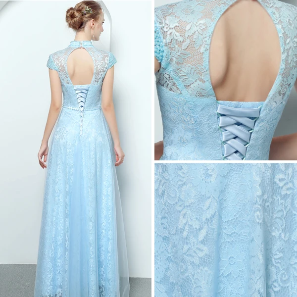 Vintage / Originale Bleu Ciel Robe De Soirée 2019 Princesse Col Haut Mancherons Perle Perlage Ceinture Longue Volants Dos Nu Robe De Ceremonie