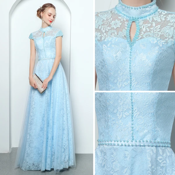 Vintage / Originale Bleu Ciel Robe De Soirée 2019 Princesse Col Haut Mancherons Perle Perlage Ceinture Longue Volants Dos Nu Robe De Ceremonie