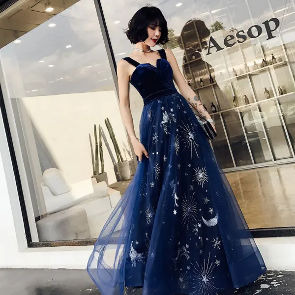 blue dress with stars A Line V Neck Royal Blue Satin Long Prom Dress, Royal Blue Formal Grad –  abcprom main image 1