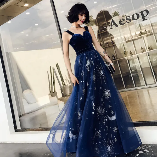 Chic / Beautiful Navy Blue Evening Dresses  2019 A-Line / Princess Shoulders Sleeveless Sash Glitter Star Floor-Length / Long Ruffle Backless Formal Dresses