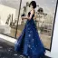 Chic / Belle Bleu Marine Robe De Soirée 2019 Princesse épaules Sans Manches Ceinture Glitter Étoile Longue Volants Dos Nu Robe De Ceremonie