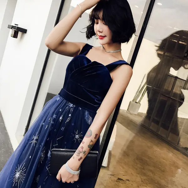 Chic / Beautiful Navy Blue Evening Dresses 2019 A-Line / Princess Shoulders  Sleeveless Sash Glitter Star Floor-