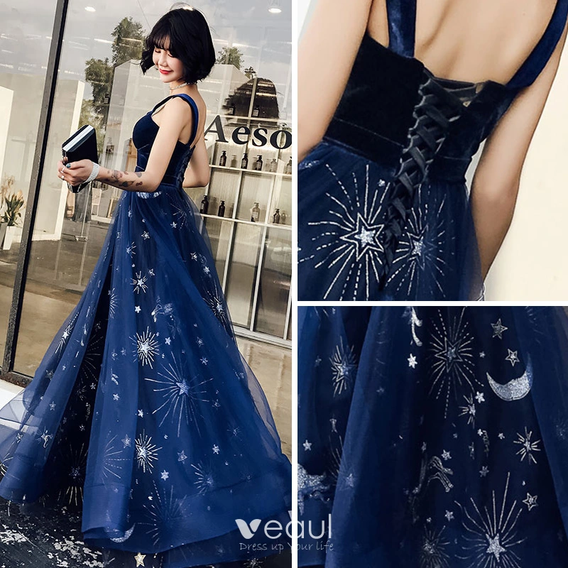 slim fit dress slacks Spaghetti Straps Blue Tulle Tea Length Homecoming Dress with Stars UQ2 –  cherishgirls main image 1