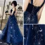 Chic / Belle Bleu Marine Robe De Soirée 2019 Princesse épaules Sans Manches Ceinture Glitter Étoile Longue Volants Dos Nu Robe De Ceremonie