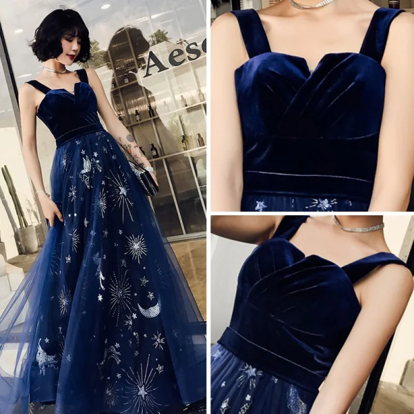 Chic / Belle Bleu Marine Robe De Soirée 2019 Princesse épaules Sans Manches Ceinture Glitter Étoile Longue Volants Dos Nu Robe De Ceremonie