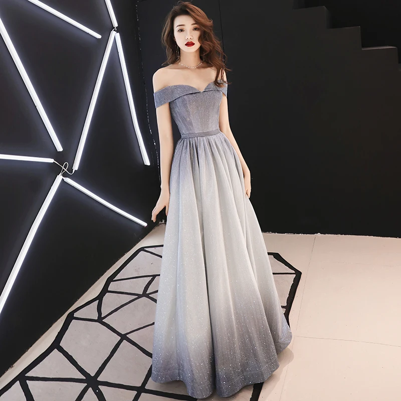 Bling Bling Grey Evening Dresses 2019 A Line Princess Off The Shoulder  Short Sleeve Sash Glitter Polyester Floor Length Long Ruffle Backless Formal  Dresses
