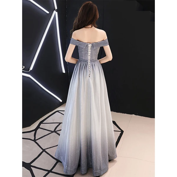 Bling Bling Grau Abendkleider 2019 A Linie Off Shoulder Kurze Ärmel Stoffgürtel Glanz Polyester Lange Rüschen Rückenfreies Festliche Kleider