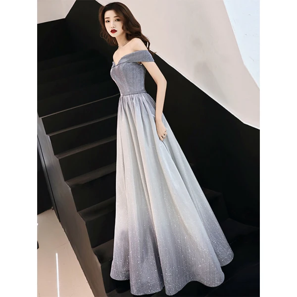Bling Bling Grau Abendkleider 2019 A Linie Off Shoulder Kurze Ärmel Stoffgürtel Glanz Polyester Lange Rüschen Rückenfreies Festliche Kleider