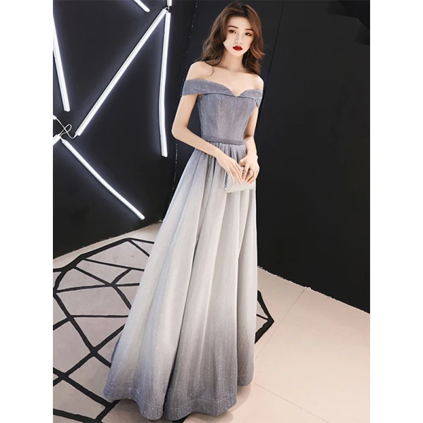 Bling Bling Grau Abendkleider 2019 A Linie Off Shoulder Kurze Ärmel Stoffgürtel Glanz Polyester Lange Rüschen Rückenfreies Festliche Kleider