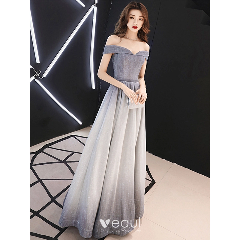 Bling Bling Grey Evening Dresses 2019 A Line Princess Off The Shoulder Short Sleeve Sash Glitter Polyester Floor Length Long Ruffle Backless Formal Dresses