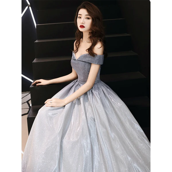 Bling Bling Grau Abendkleider 2019 A Linie Off Shoulder Kurze Ärmel Stoffgürtel Glanz Polyester Lange Rüschen Rückenfreies Festliche Kleider