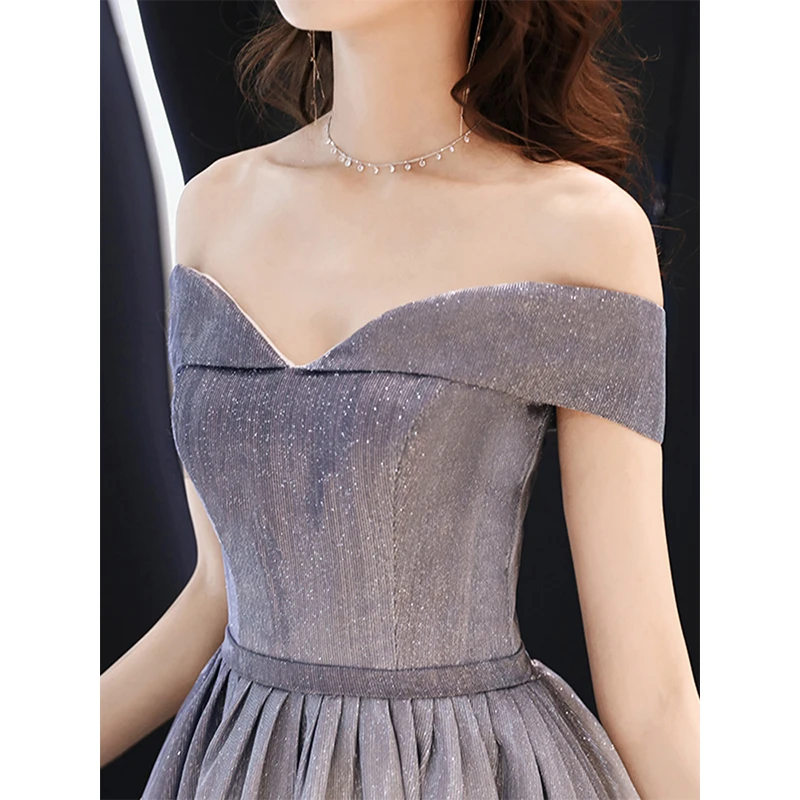Bling Bling Grey Evening Dresses 2019 A Line Princess Off The Shoulder Short  Sleeve Sash Glitter Polyester Floor Length Long Ruffle Backless Formal  Dresses