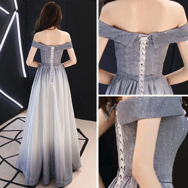 Bling Bling Grau Abendkleider 2019 A Linie Off Shoulder Kurze Ärmel Stoffgürtel Glanz Polyester Lange Rüschen Rückenfreies Festliche Kleider