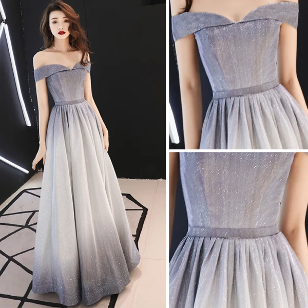 Bling Bling Grau Abendkleider 2019 A Linie Off Shoulder Kurze Ärmel Stoffgürtel Glanz Polyester Lange Rüschen Rückenfreies Festliche Kleider