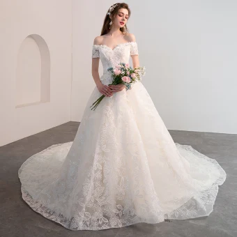 Bling Bling Champagne Wedding Dresses 2018 Ball Gown Off The Shoulder Short Sleeve Backless Glitter Lace Cathedral Train Ruffle