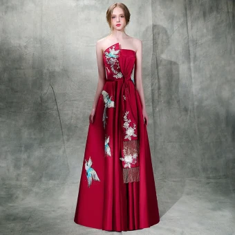 Traditional Modern Fashion Burgundy Satin Evening Dresses 2019 A Line Princess Strapless Sleeveless Sash Embroidered Tassel Rhinestone Floor Length Long Ruffle Backless Formal Dresses