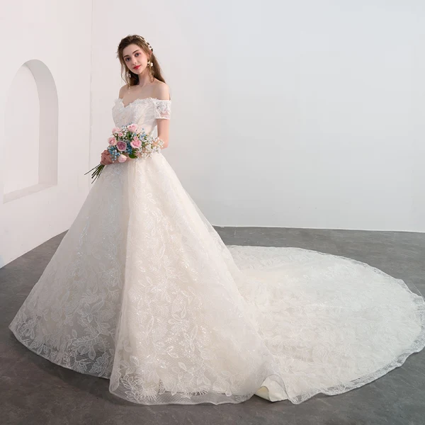Bling Bling Champagne Wedding Dresses 2018 Ball Gown Off-The-Shoulder Short Sleeve Backless Glitter Lace Cathedral Train Ruffle