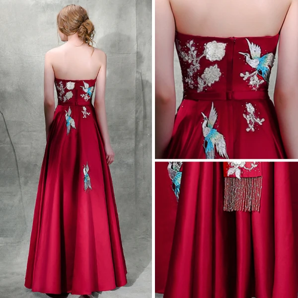 Traditional Modern / Fashion Burgundy Satin Evening Dresses 2019 A-Line / Princess Strapless Sleeveless Sash Embroidered Tassel Rhinestone Floor-Length / Long Ruffle Backless Formal Dresses