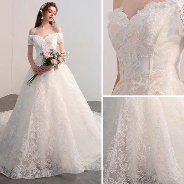 Bling Bling Champagne Wedding Dresses 2018 Ball Gown Off-The-Shoulder Short Sleeve Backless Glitter Lace Cathedral Train Ruffle