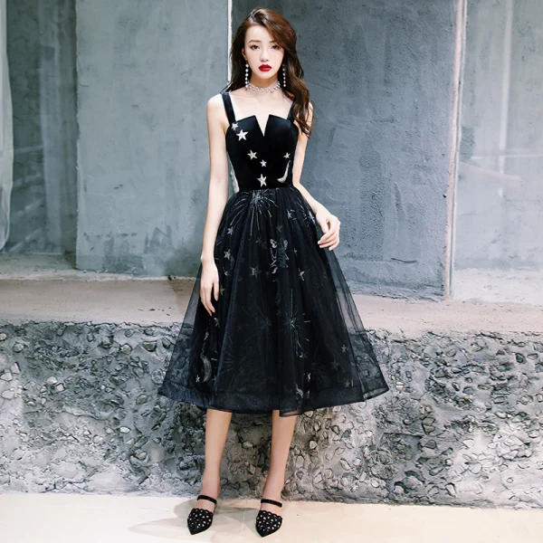Chic / Beautiful Little Black Dress 2019 A-Line / Princess Shoulders Sleeveless Star Embroidered Glitter Sequins Tea-length Ruffle Backless Graduation Dresses