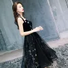 Chic / Beautiful Little Black Dress 2019 A-Line / Princess Shoulders Sleeveless Star Embroidered Glitter Sequins Tea-length Ruffle Backless Graduation Dresses