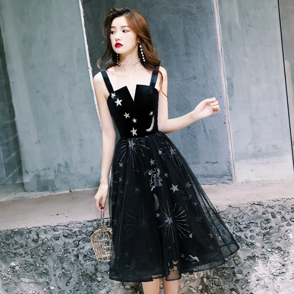 Chic / Beautiful Little Black Dress 2019 A-Line / Princess Shoulders Sleeveless Star Embroidered Glitter Sequins Tea-length Ruffle Backless Graduation Dresses