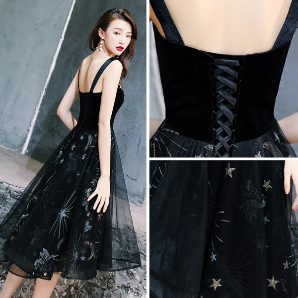 Chic / Beautiful Little Black Dress 2019 A-Line / Princess Shoulders Sleeveless Star Embroidered Glitter Sequins Tea-length Ruffle Backless Graduation Dresses