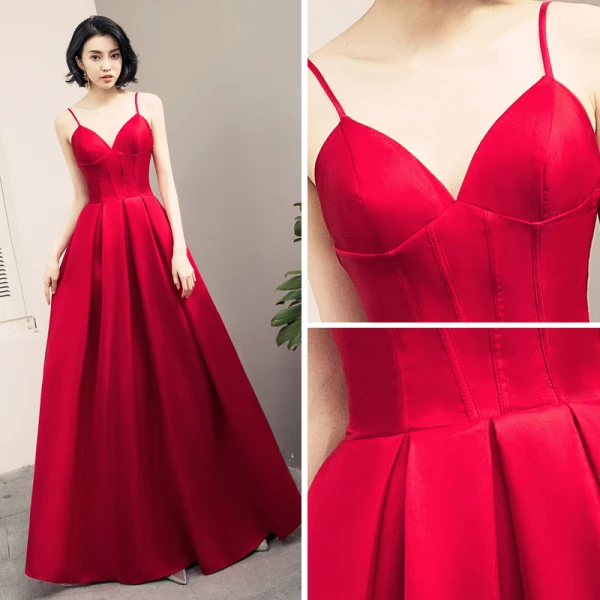 Sexy Burgundy Evening Dresses  2018 A-Line / Princess Spaghetti Straps Sleeveless Floor-Length / Long Ruffle Backless Formal Dresses