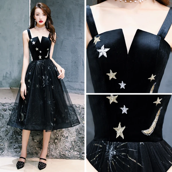 Chic / Beautiful Little Black Dress 2019 A-Line / Princess Shoulders Sleeveless Star Embroidered Glitter Sequins Tea-length Ruffle Backless Graduation Dresses