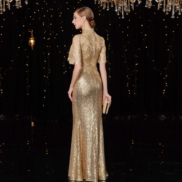 Sparkly Gold Sequins Pierced Evening Dresses 2019 Trumpet / Mermaid High Neck 1/2 Sleeves Floor-Length / Long Glitter Formal Dresses Sparkly Gold Sequins Pierced Evening Dresses 2019 Trumpet / Mermaid High Neck 1/2 Sleeves Floor-Length / Long Glitter Formal Dresses