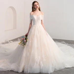 Luxury Gorgeous Champagne Wedding Dresses 2018 Ball Gown Off The Shoulder Short Sleeve Backless Appliques Lace Beading Chapel Train Ruffle