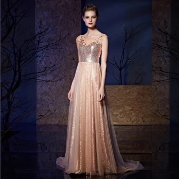 Sparkly Champagne See Through Evening Dresses 2019 A Line Princess Square Neckline Sleeveless Glitter Sequins Court Train Ruffle Backless Formal Dresses
