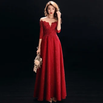 Meilleur Rouge Transparentes Robe De Soirée 2019 Princesse Encolure Dégagée 3 4 Manches Appliques En Dentelle Faux Diamant Perlage Longue Volants Dos Nu Robe De Ceremonie