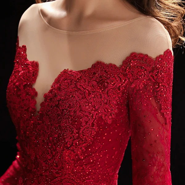 Meilleur Rouge Transparentes Robe De Soirée 2019 Princesse Encolure Dégagée 3/4 Manches Appliques En Dentelle Faux Diamant Perlage Longue Volants Dos Nu Robe De Ceremonie