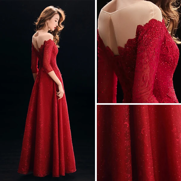 Meilleur Rouge Transparentes Robe De Soirée 2019 Princesse Encolure Dégagée 3/4 Manches Appliques En Dentelle Faux Diamant Perlage Longue Volants Dos Nu Robe De Ceremonie