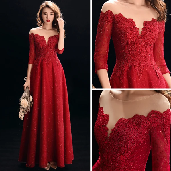 Meilleur Rouge Transparentes Robe De Soirée 2019 Princesse Encolure Dégagée 3/4 Manches Appliques En Dentelle Faux Diamant Perlage Longue Volants Dos Nu Robe De Ceremonie