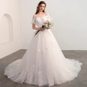 Chic Beautiful Champagne Wedding Dresses 2018 Ball Gown See Through Square Neckline Short Sleeve Backless Appliques Lace Flower Cathedral Train Ruffle