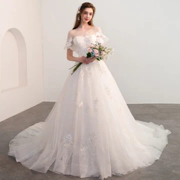 Chic Belle Champagne Robe De Mariée 2018 Robe Boule Transparentes Encolure Carrée Manches Courtes Dos Nu Appliques En Dentelle Fleur Cathedral Train Volants
