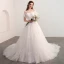 Chic / Belle Champagne Robe De Mariée 2018 Robe Boule Transparentes Encolure Carrée Manches Courtes Dos Nu Appliques En Dentelle Fleur Cathedral Train Volants