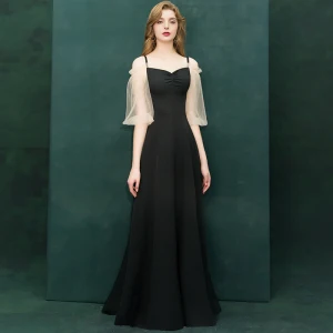 Abordable Noire Robe De Soirée 2019 Princesse De L 039 Épaule Bretelles Spaghetti Gonflée 1 2 Manches Longue Volants Dos Nu Robe De Ceremonie