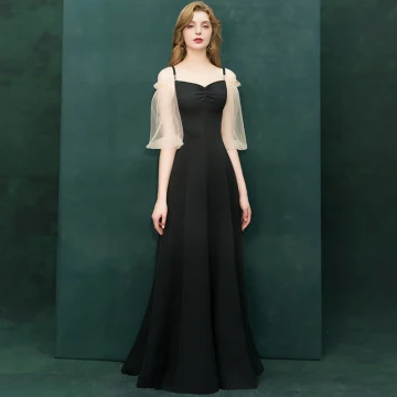 Erschwinglich Schwarz Abendkleider 2019 A Linie Off Shoulder Spaghettiträger Geschwollenes 1 2 Ärmel Lange Rüschen Rückenfreies Festliche Kleider