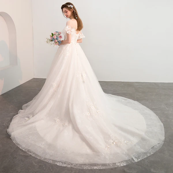 Chic / Belle Champagne Robe De Mariée 2018 Robe Boule Transparentes Encolure Carrée Manches Courtes Dos Nu Appliques En Dentelle Fleur Cathedral Train Volants