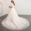 Chic / Belle Champagne Robe De Mariée 2018 Robe Boule Transparentes Encolure Carrée Manches Courtes Dos Nu Appliques En Dentelle Fleur Cathedral Train Volants
