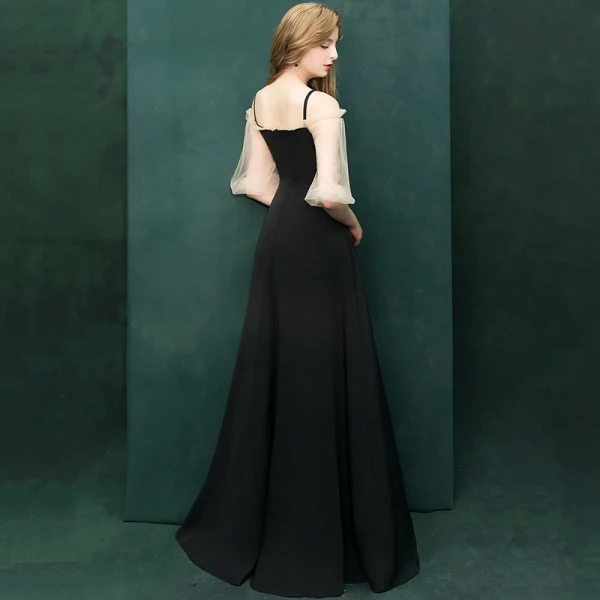 Erschwinglich Schwarz Abendkleider 2019 A Linie Off Shoulder Spaghettiträger Geschwollenes 1/2 Ärmel Lange Rüschen Rückenfreies Festliche Kleider