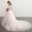 Chic / Belle Champagne Robe De Mariée 2018 Robe Boule Transparentes Encolure Carrée Manches Courtes Dos Nu Appliques En Dentelle Fleur Cathedral Train Volants