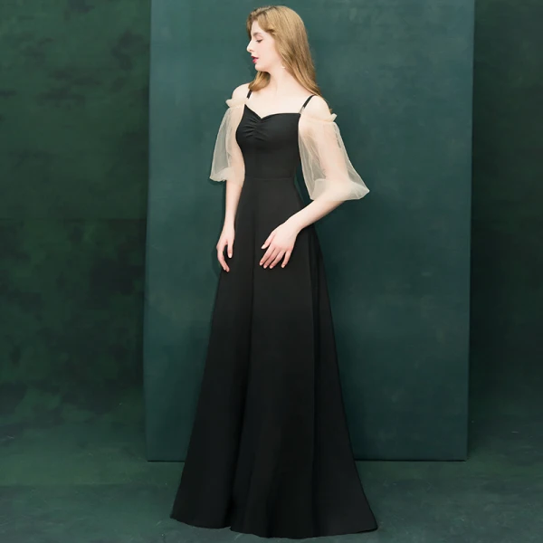 Erschwinglich Schwarz Abendkleider 2019 A Linie Off Shoulder Spaghettiträger Geschwollenes 1/2 Ärmel Lange Rüschen Rückenfreies Festliche Kleider