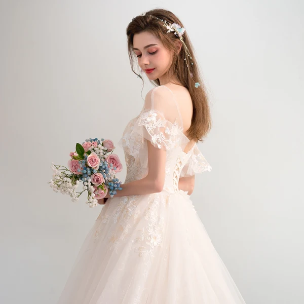 Chic / Belle Champagne Robe De Mariée 2018 Robe Boule Transparentes Encolure Carrée Manches Courtes Dos Nu Appliques En Dentelle Fleur Cathedral Train Volants
