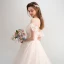 Chic / Belle Champagne Robe De Mariée 2018 Robe Boule Transparentes Encolure Carrée Manches Courtes Dos Nu Appliques En Dentelle Fleur Cathedral Train Volants